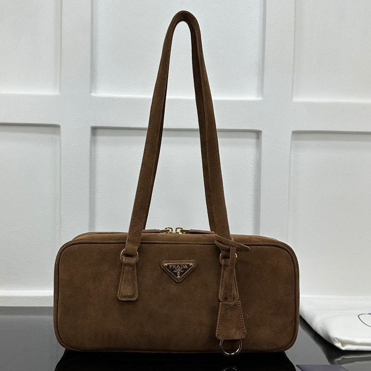 Prada 2026 Hobo Bowling Shoulder Bag 27cm Brown Suede Calfskin