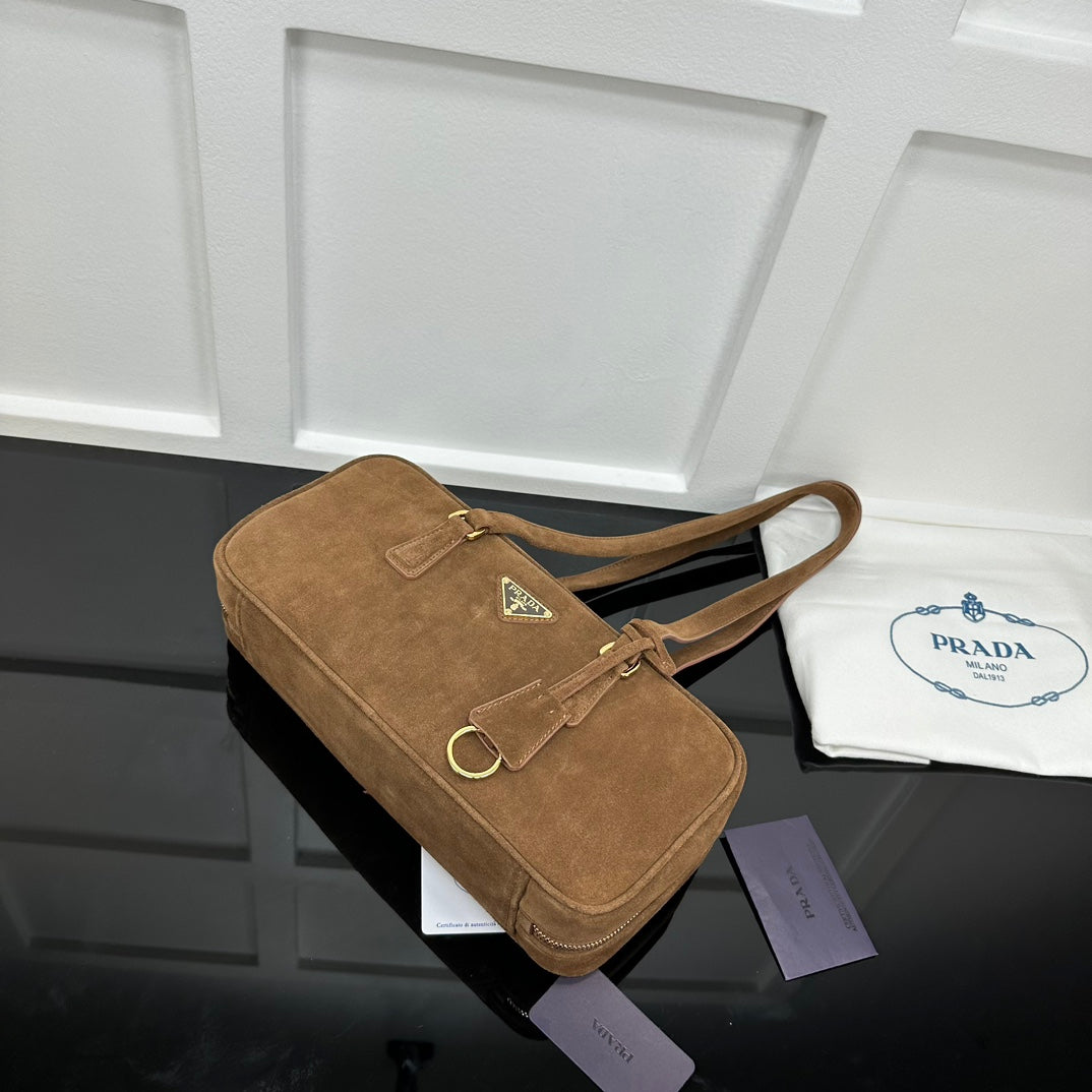 Prada 2026 Hobo Bowling Shoulder Bag 27cm Brown Suede Calfskin