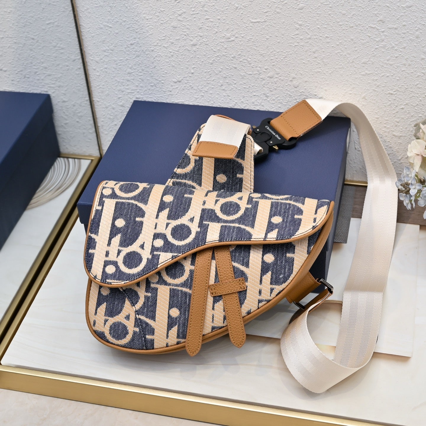 Dior 2026 Saddle Oblique Bag 28.6cm Blue Brown Denim Calfskin
