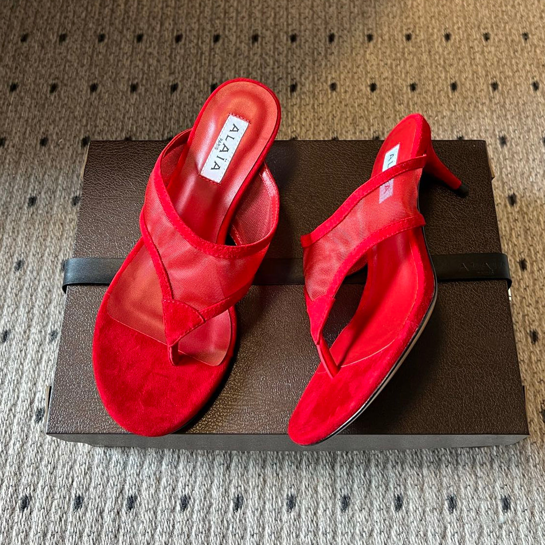 Alaia 2026 Flip-Flops Mid-Heel Sandals 55 Mesh Sheepskin 803353
