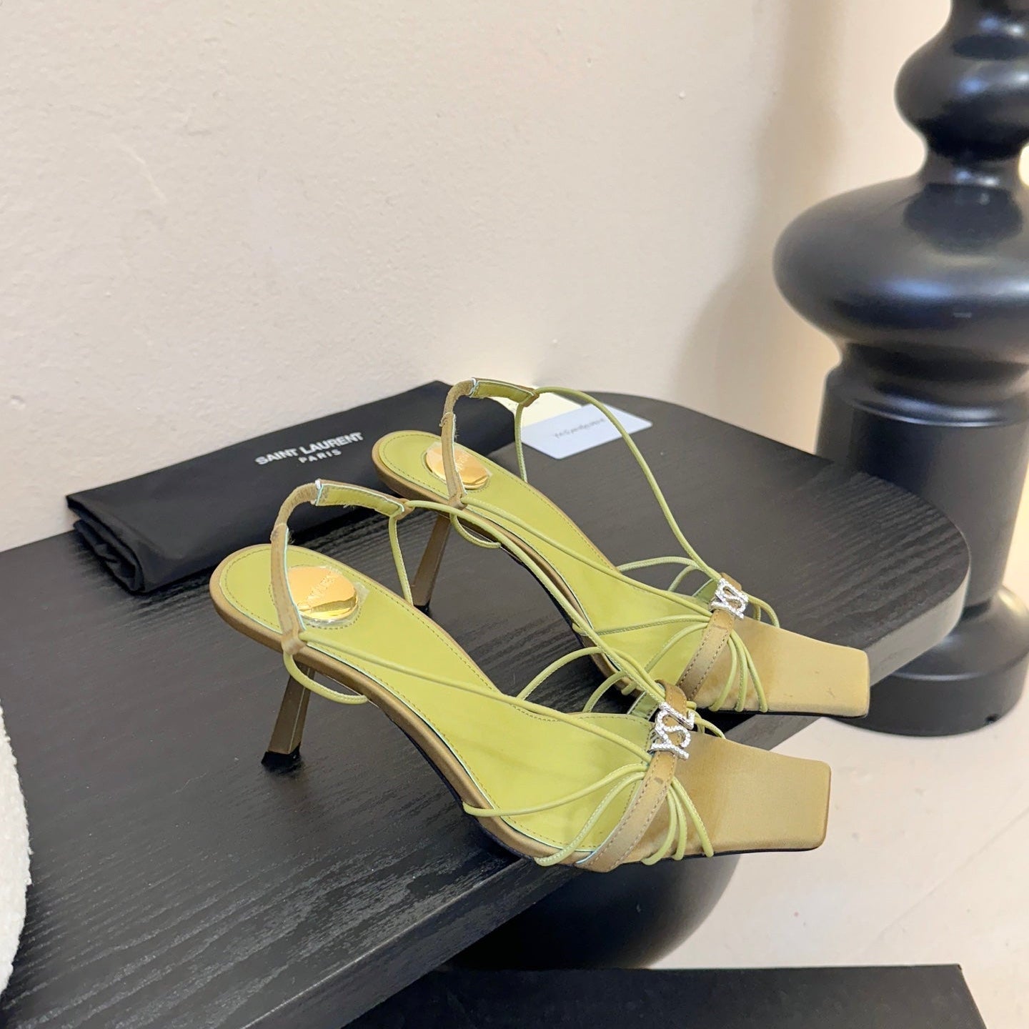 YSL 26ss Square Toe Sandals 70 Light Green Silk Sheepskin 651704