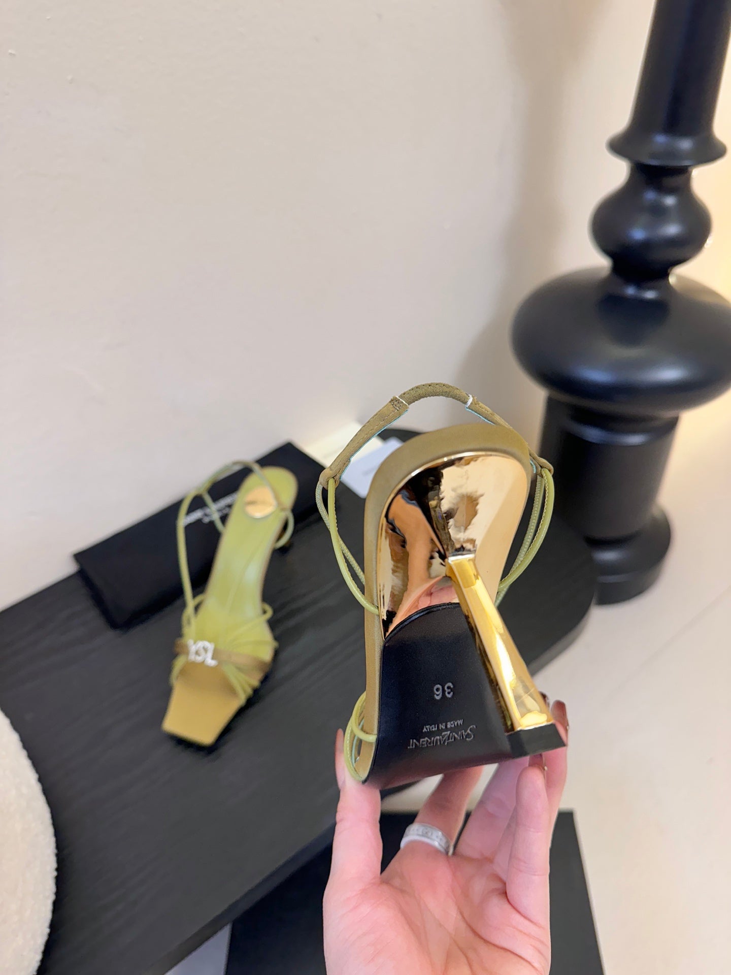 YSL 26ss Square Toe Sandals 70 Light Green Silk Sheepskin 651704
