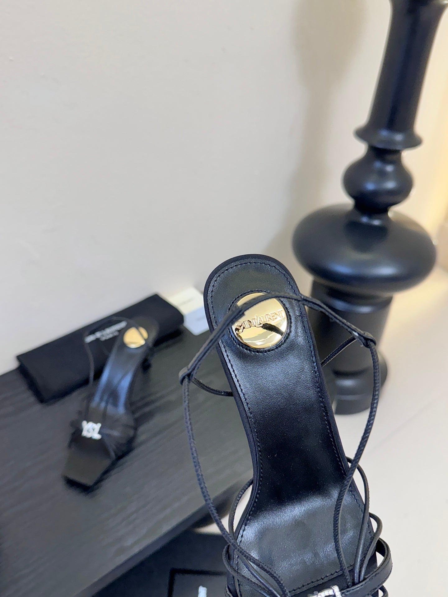 YSL 26ss Square Toe Sandals 70 Black Silk Sheepskin 651706