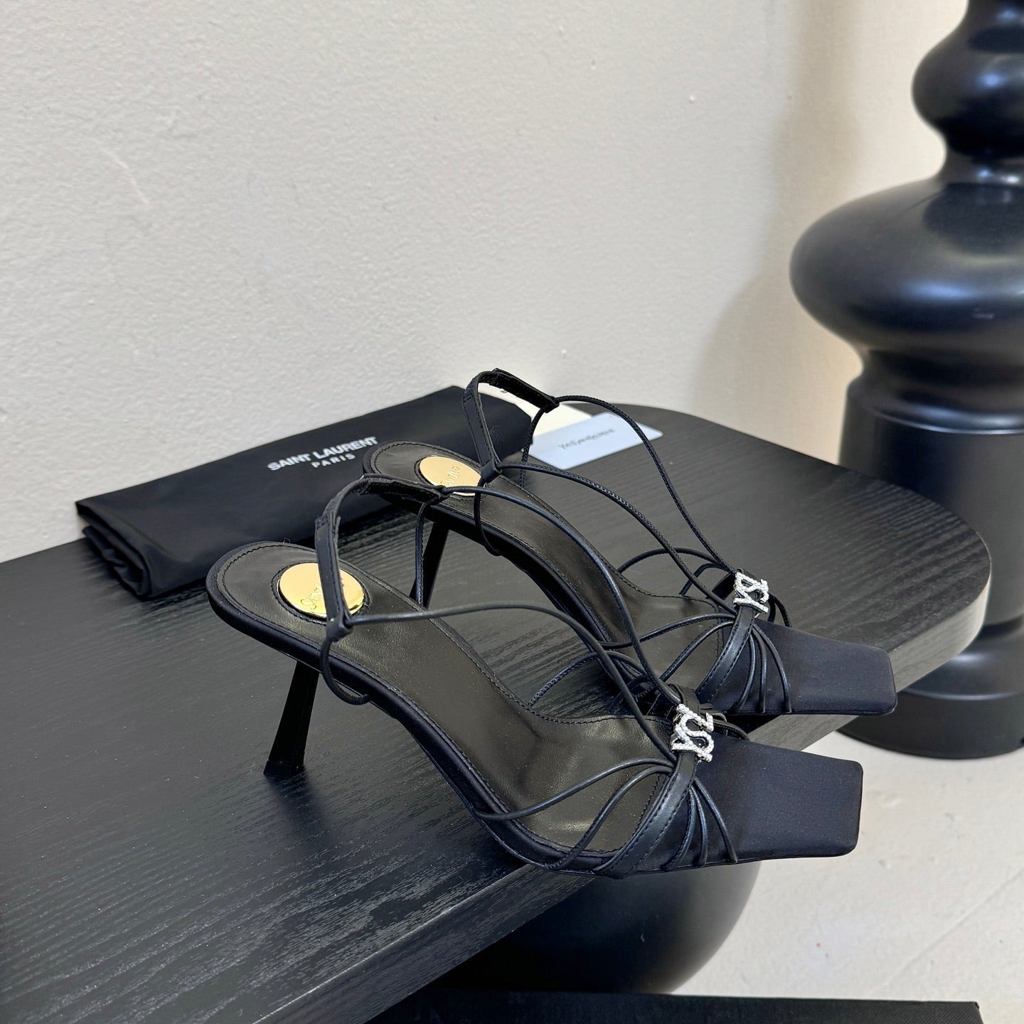 YSL 26ss Square Toe Sandals 70 Black Silk Sheepskin 651706
