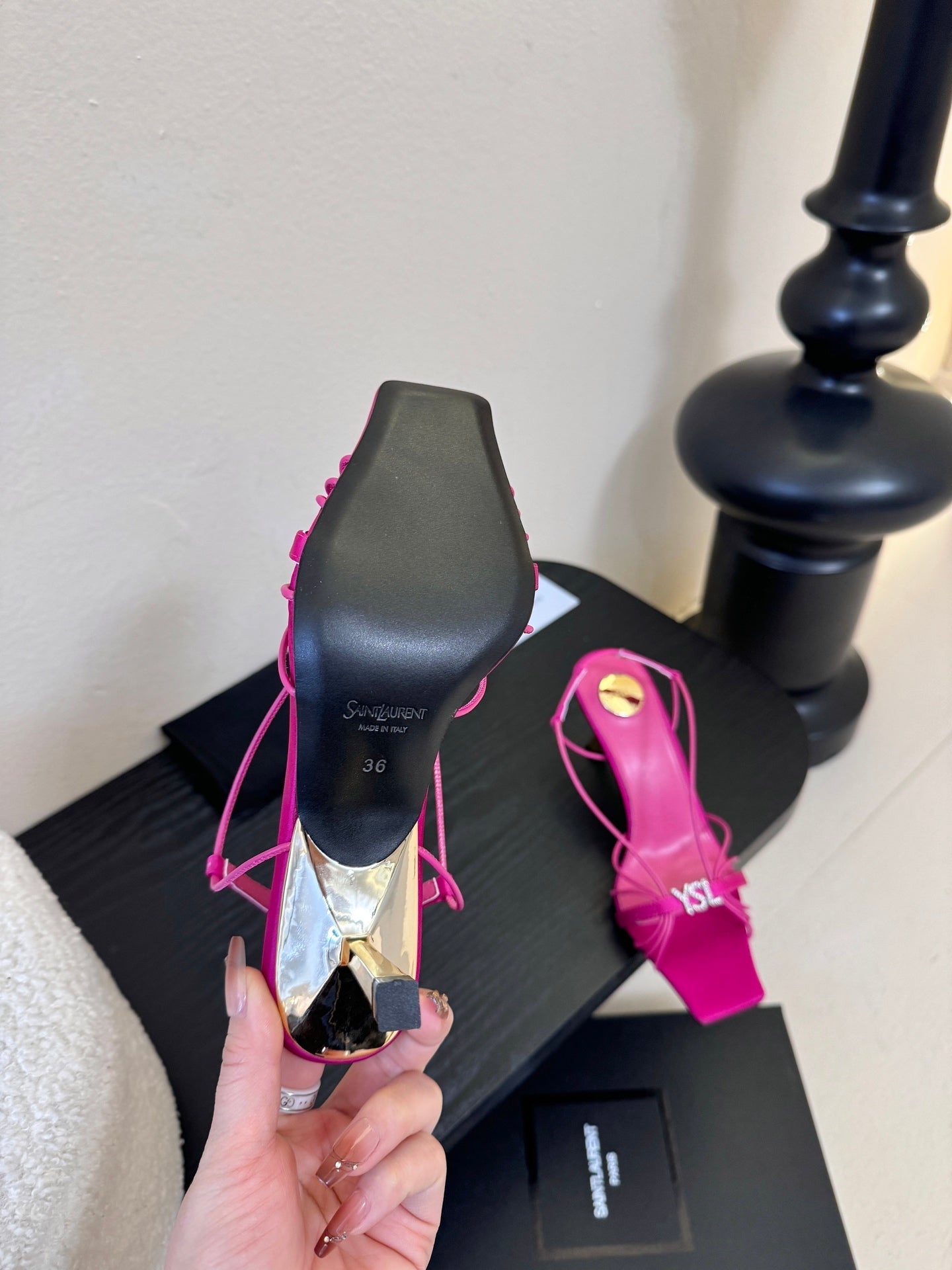 YSL 26ss Square Toe Sandals 70 Bright Pink Silk Sheepskin 651707