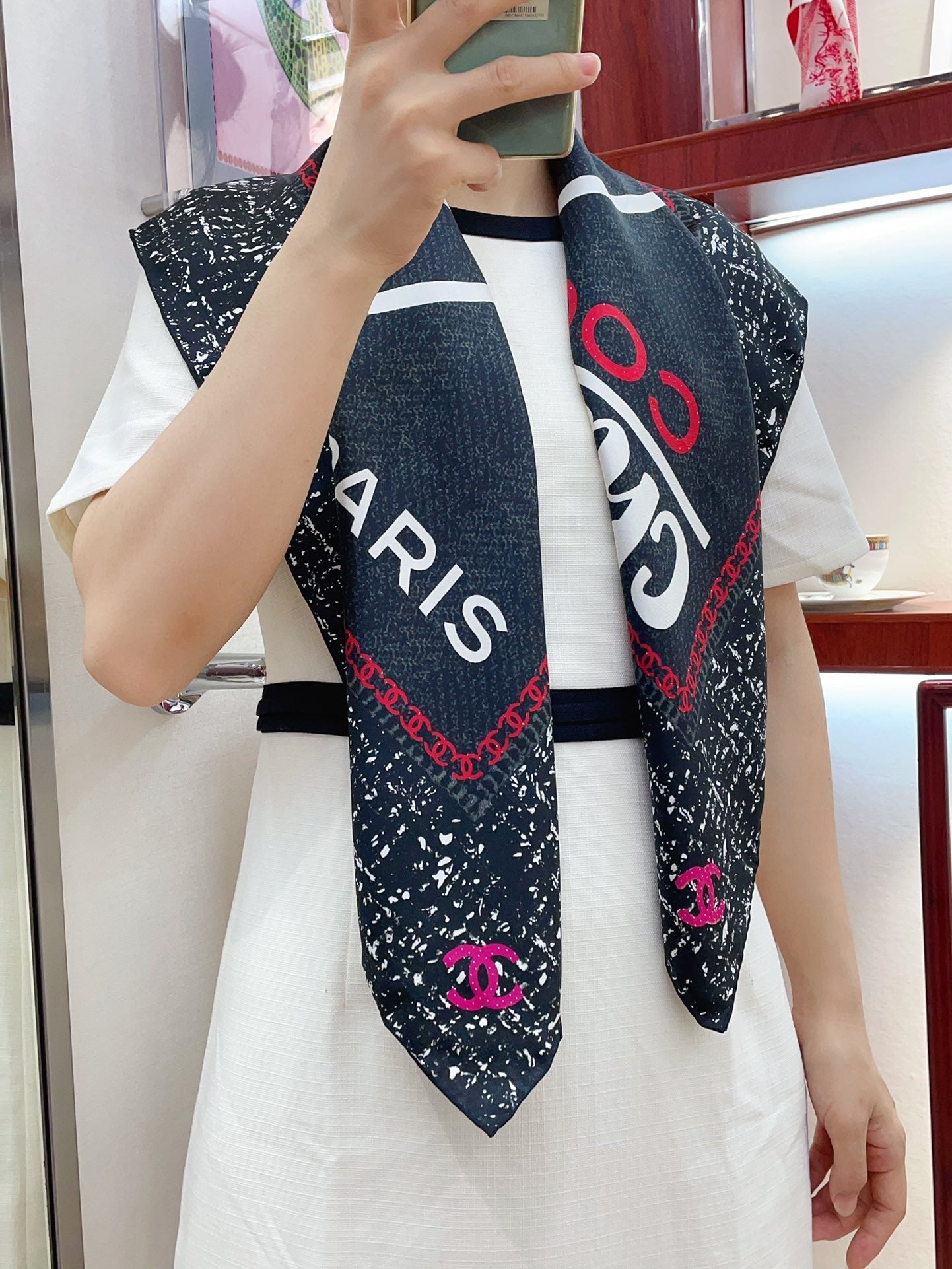 CC Square Scarf 90 CM In Black Mix White Red Cashmere Silk  172078