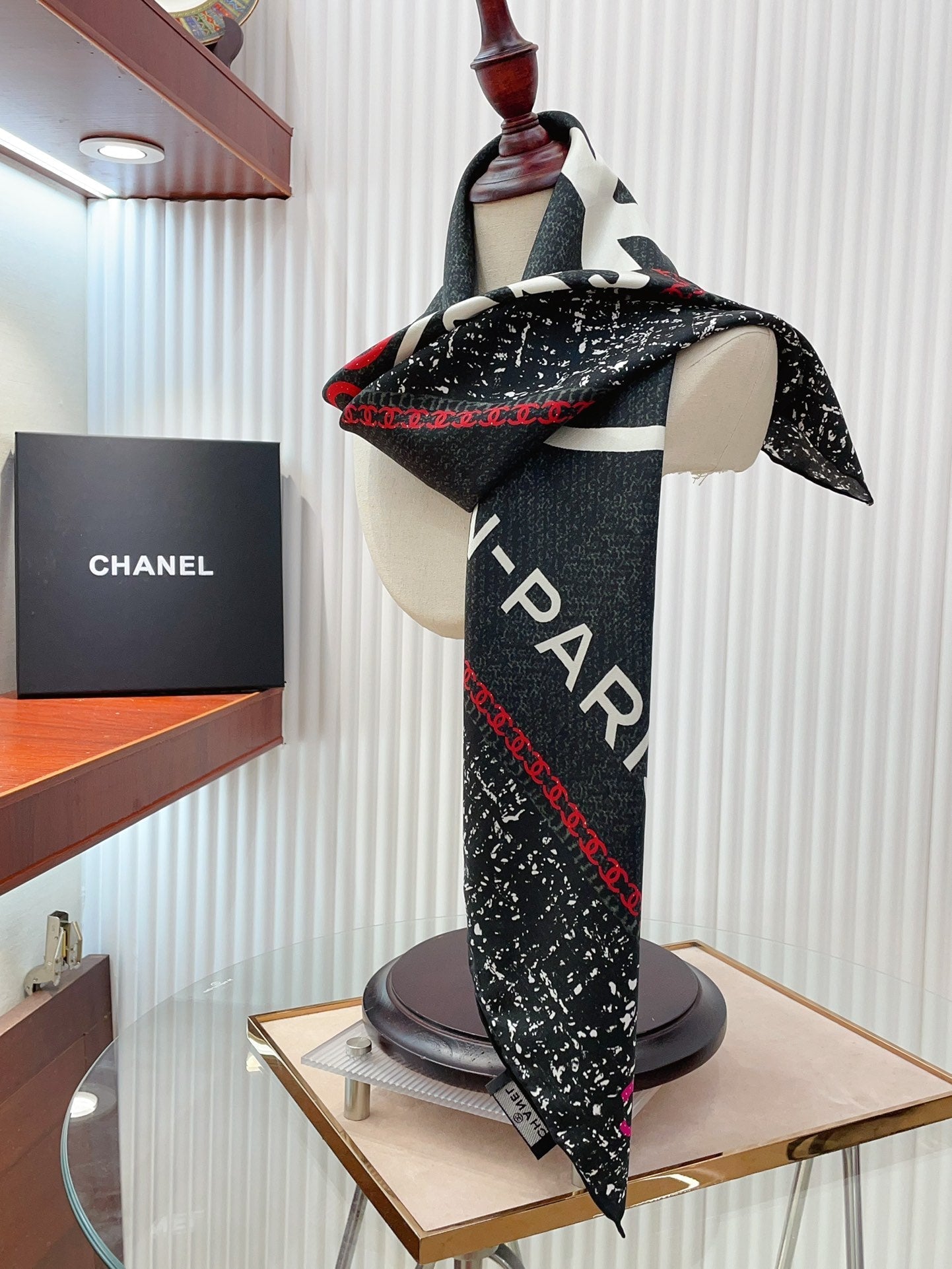 CC Square Scarf 90 CM In Black Mix White Red Cashmere Silk  172078