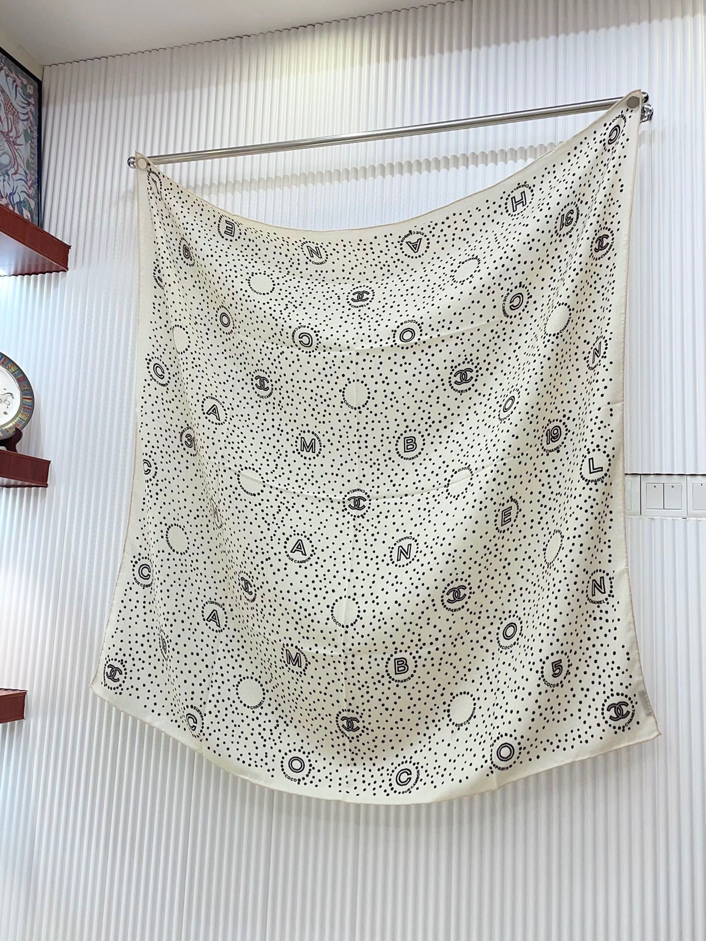 CC Square Scarf 140 CM In White Black Polka Dot Cashmere Silk 337146