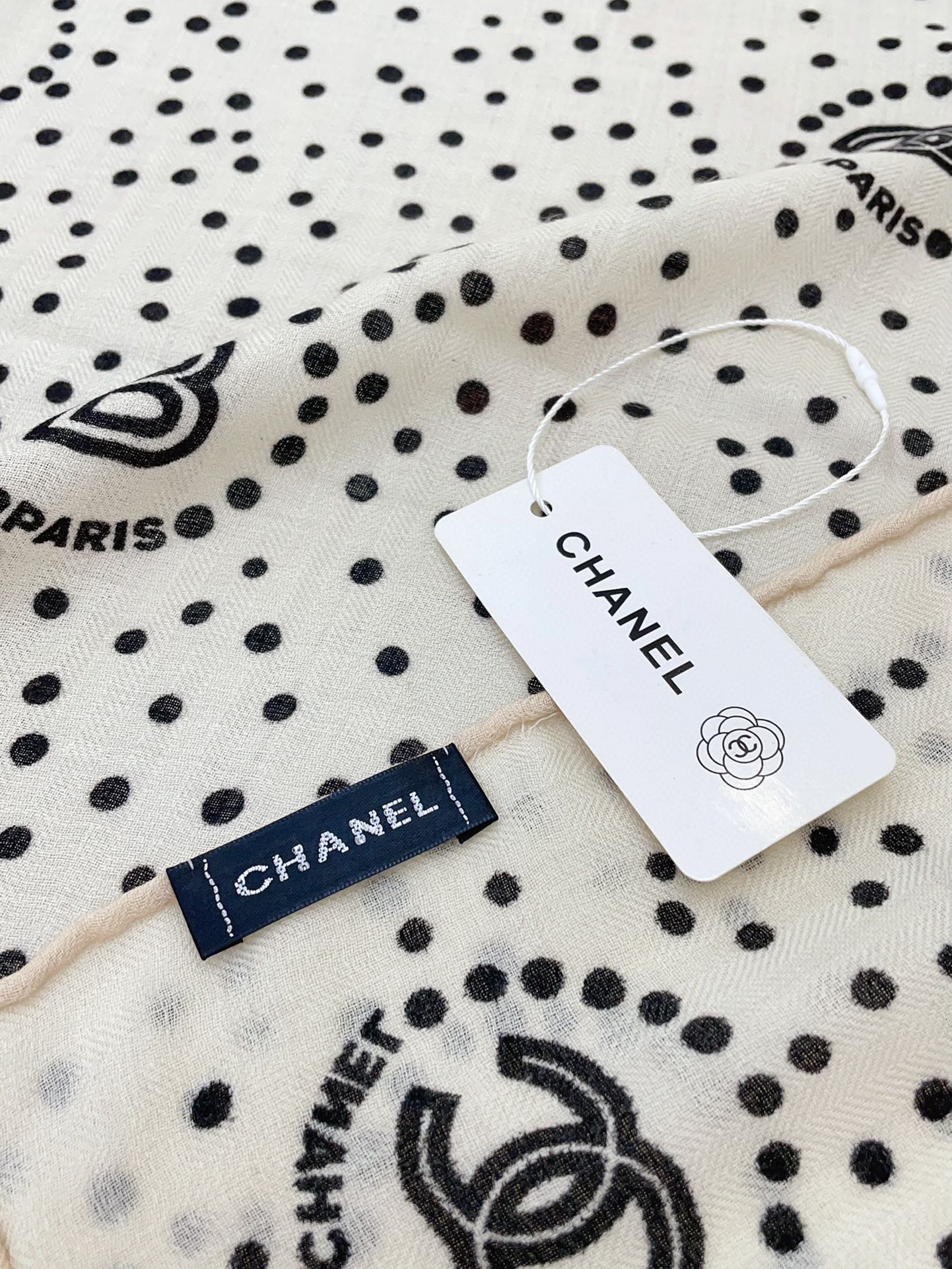 CC Square Scarf 140 CM In White Black Polka Dot Cashmere Silk 337146
