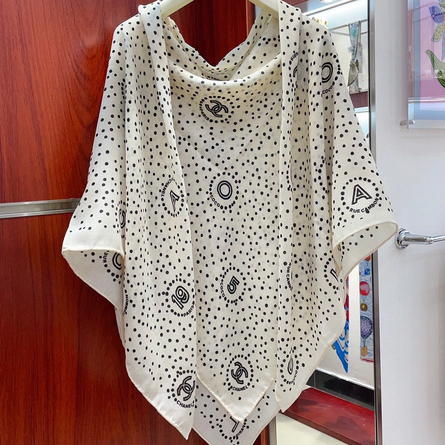 CC Square Scarf 140 CM In White Black Polka Dot Cashmere Silk 337146