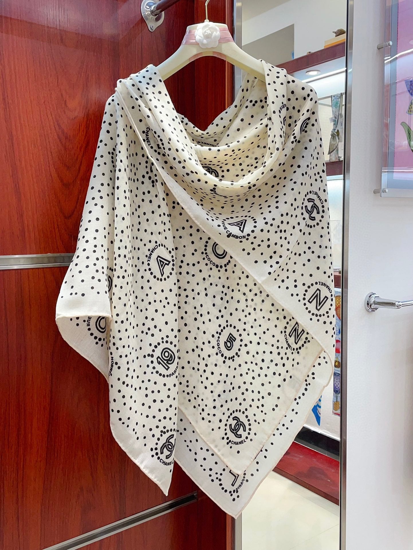 CC Square Scarf 140 CM In White Black Polka Dot Cashmere Silk 337146