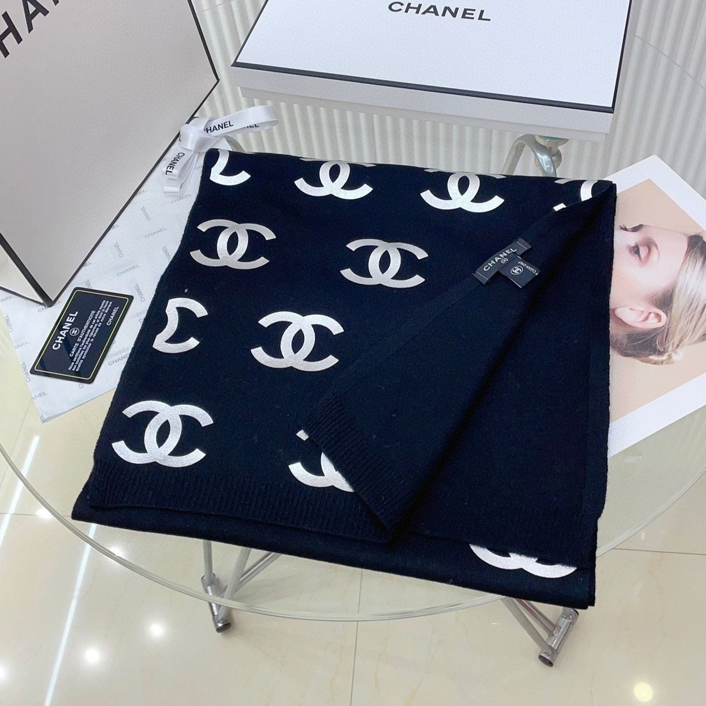 CC Scarf 190 CM In Black Logo Print Cashmere 401171