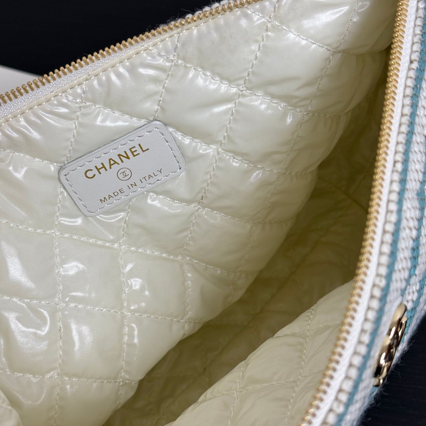 Chanel 26 Woven Clutch 19 White Light Blue Canvas