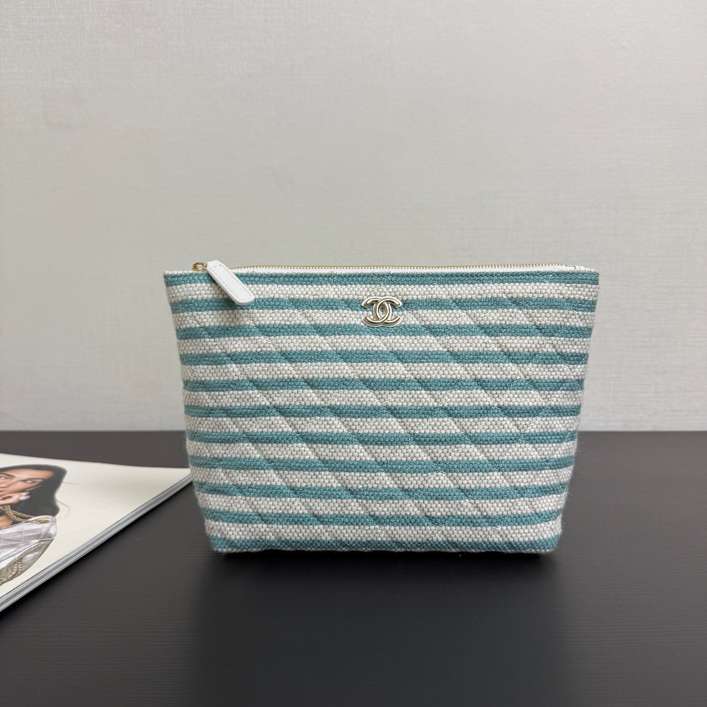 Chanel 26 Woven Clutch 19 White Light Blue Canvas