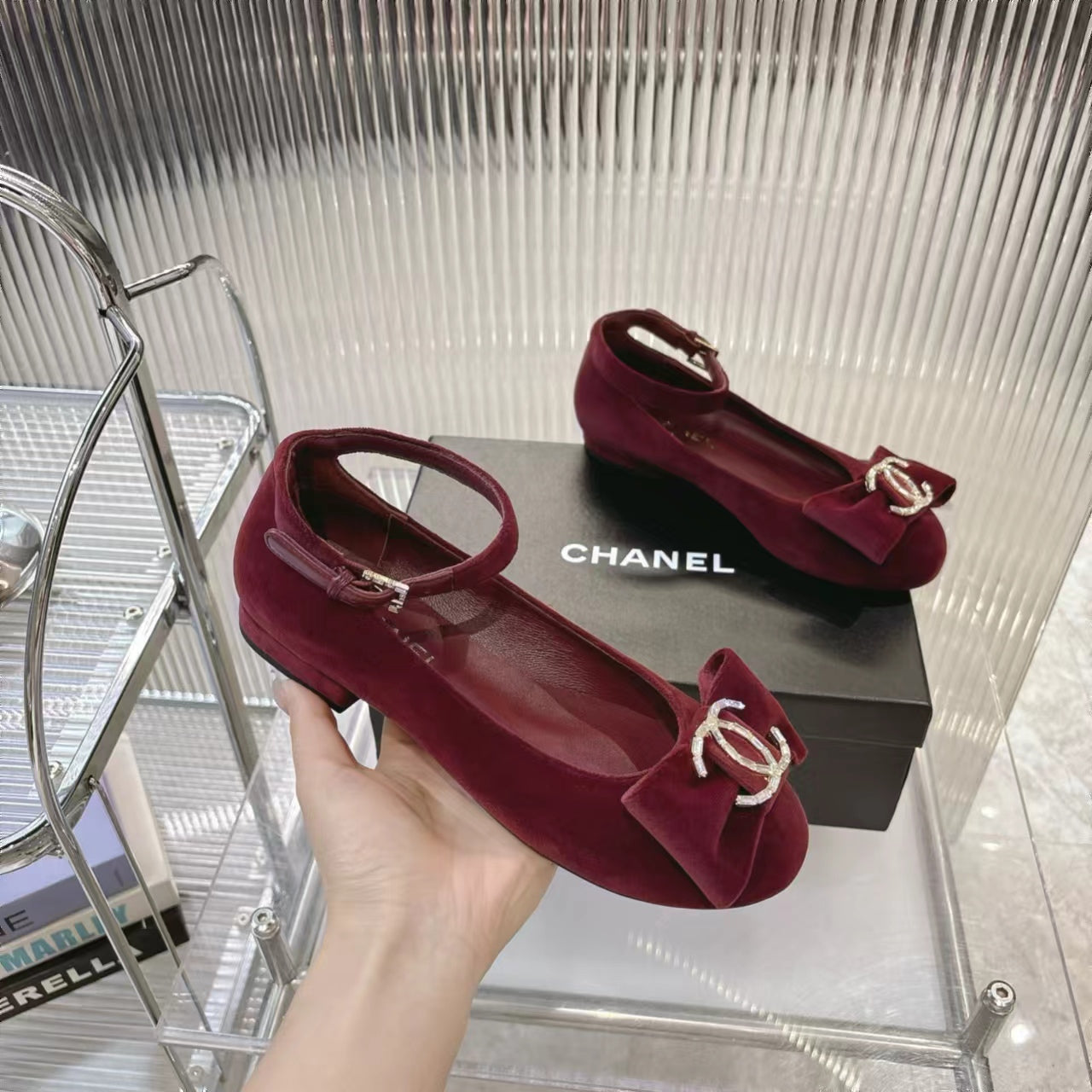 Chanel 2026 Mary Jane Ballet Flats Velvet Crystal CC Logo Bow 791128