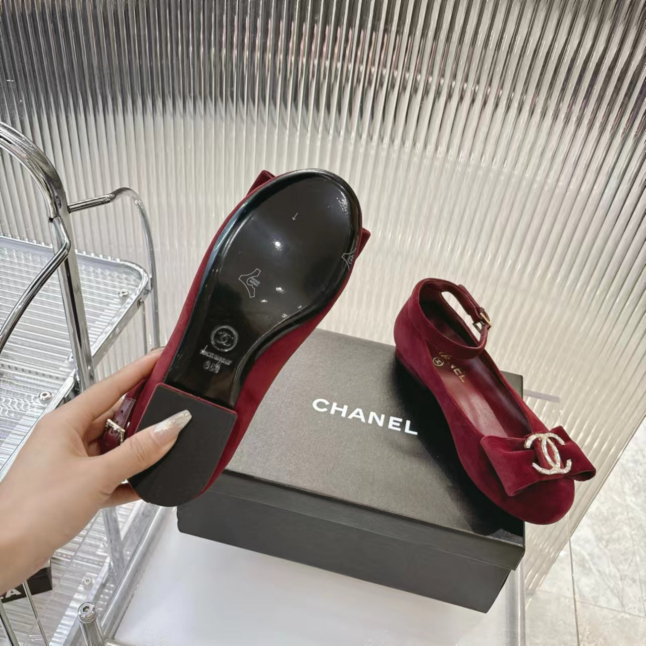 Chanel 2026 Mary Jane Ballet Flats Velvet Crystal CC Logo Bow 791128