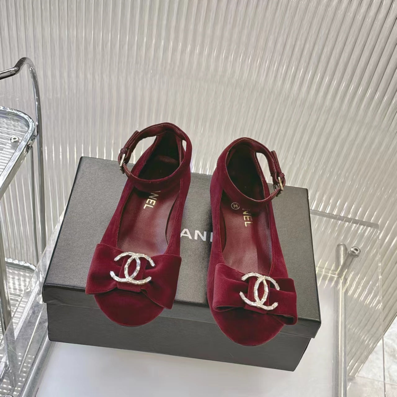 Chanel 2026 Mary Jane Ballet Flats Velvet Crystal CC Logo Bow 791128