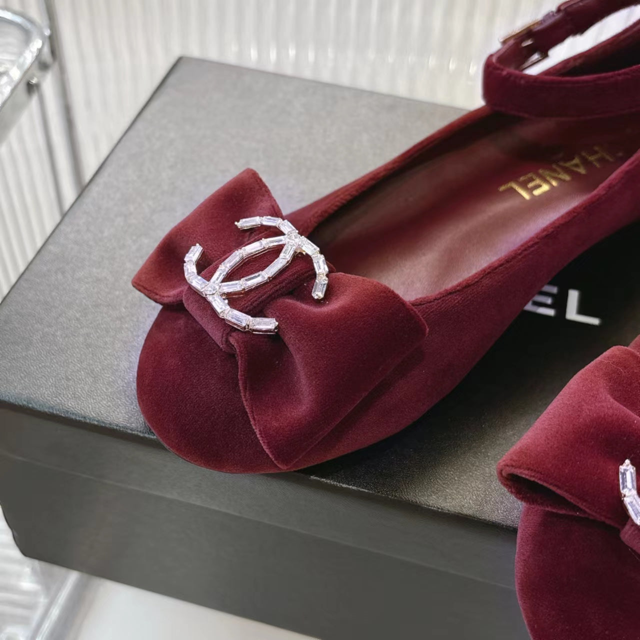 Chanel 2026 Mary Jane Ballet Flats Velvet Crystal CC Logo Bow 791128