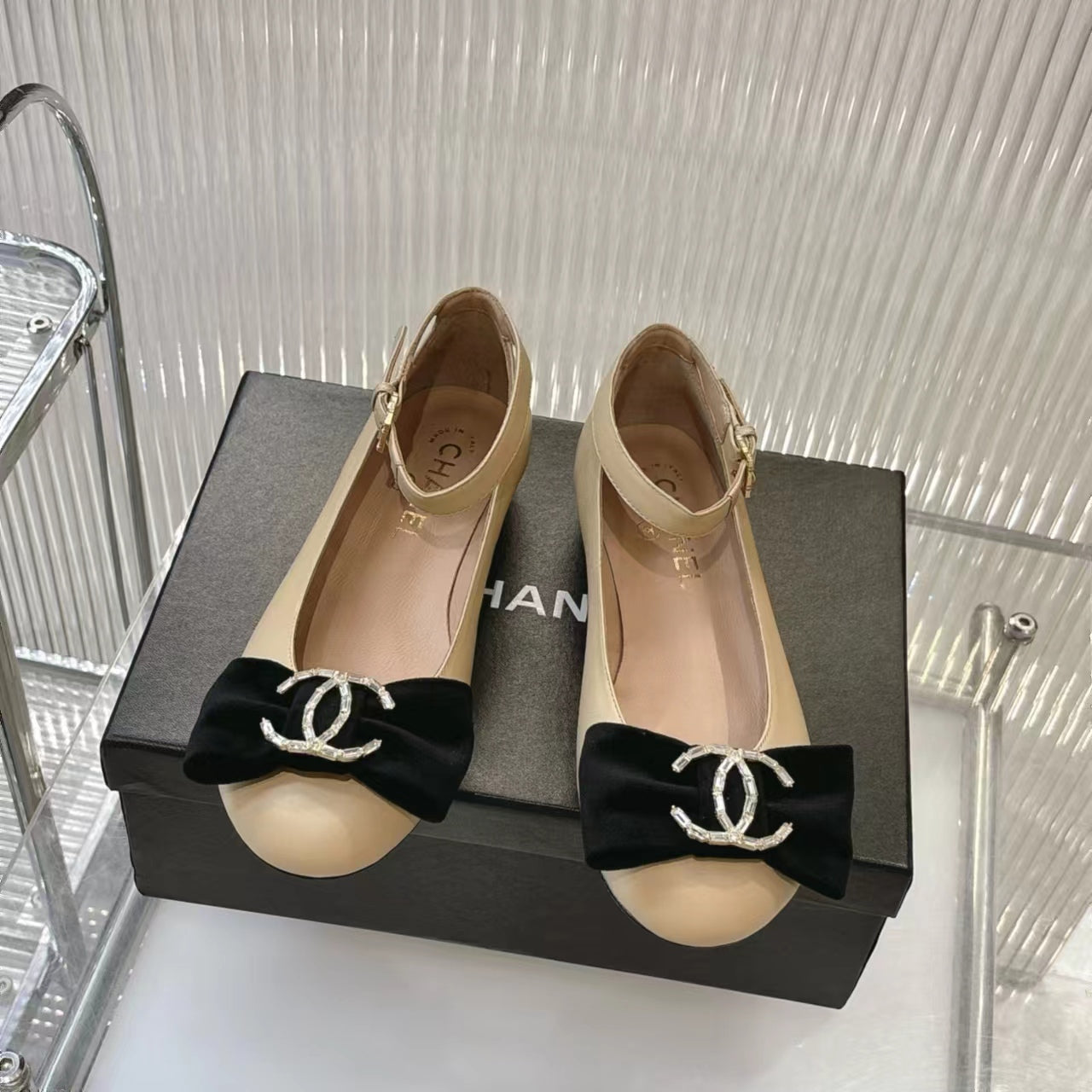 Chanel 2026 Mary Jane Ballet Flats Sheepskin Crystal CC Logo Bow 791131