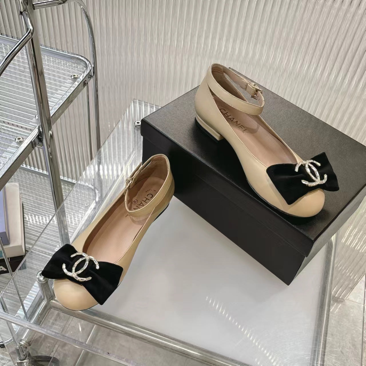 Chanel 2026 Mary Jane Ballet Flats Sheepskin Crystal CC Logo Bow 791131