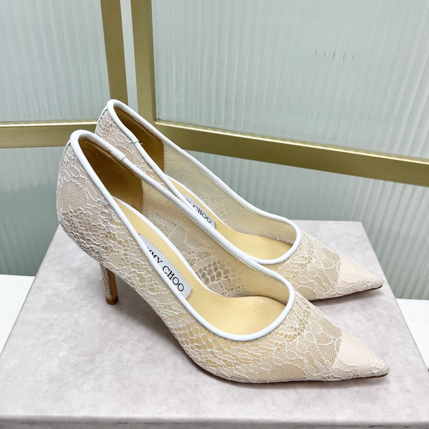 Jimmy 26s Heel Pump 85 White Beige Lace Sheepskin 605960