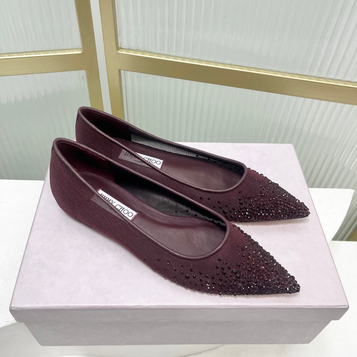 Jimmy 26s Ballet Flats Burgundy Rhinestones Mesh Sheepskin 605980