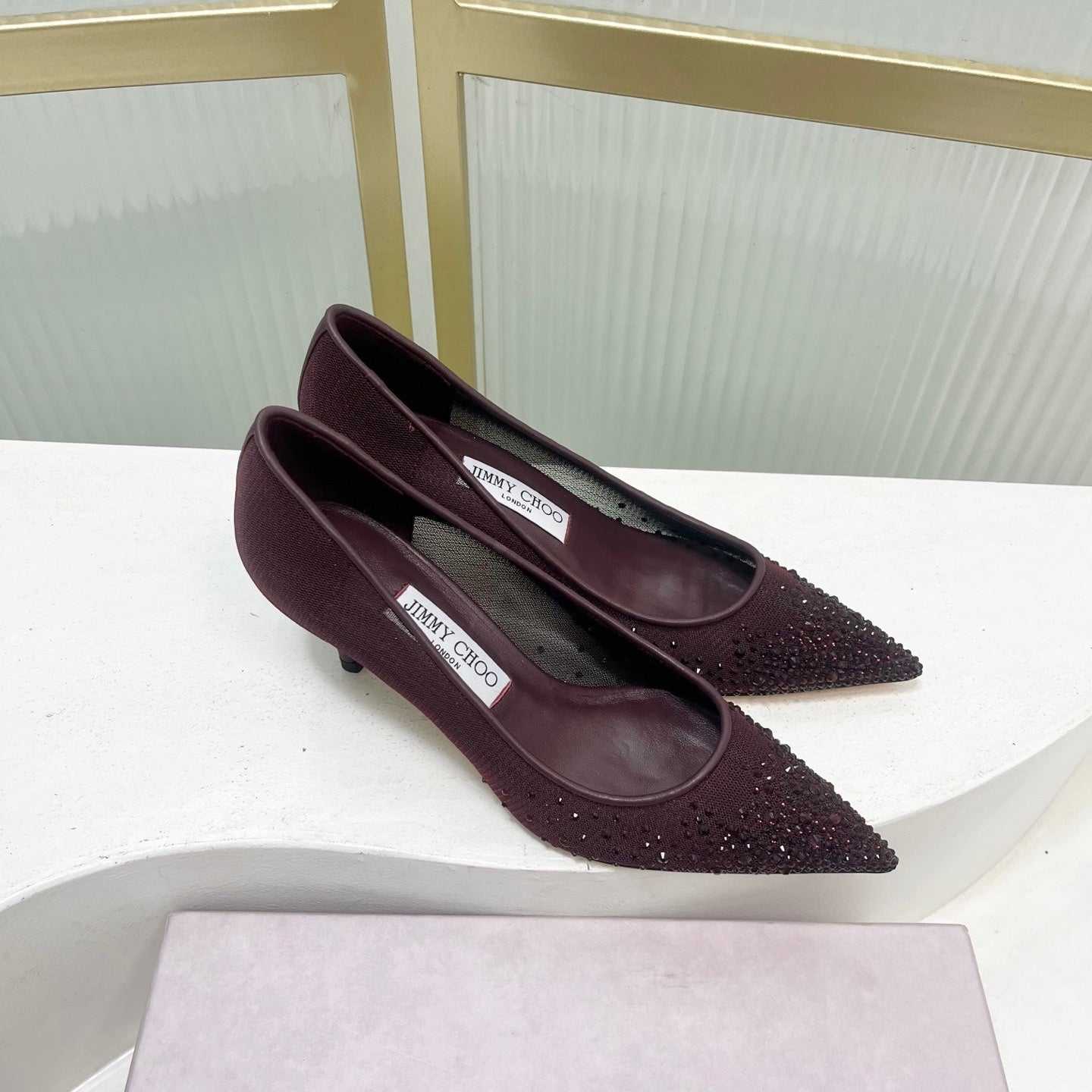 Jimmy 26s High Heels 65 Burgundy Rhinestones Mesh Sheepskin 605981