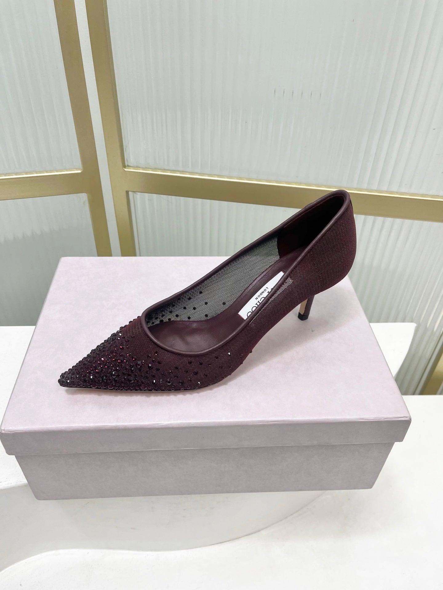 Jimmy 26s High Heels 65 Burgundy Rhinestones Mesh Sheepskin 605981