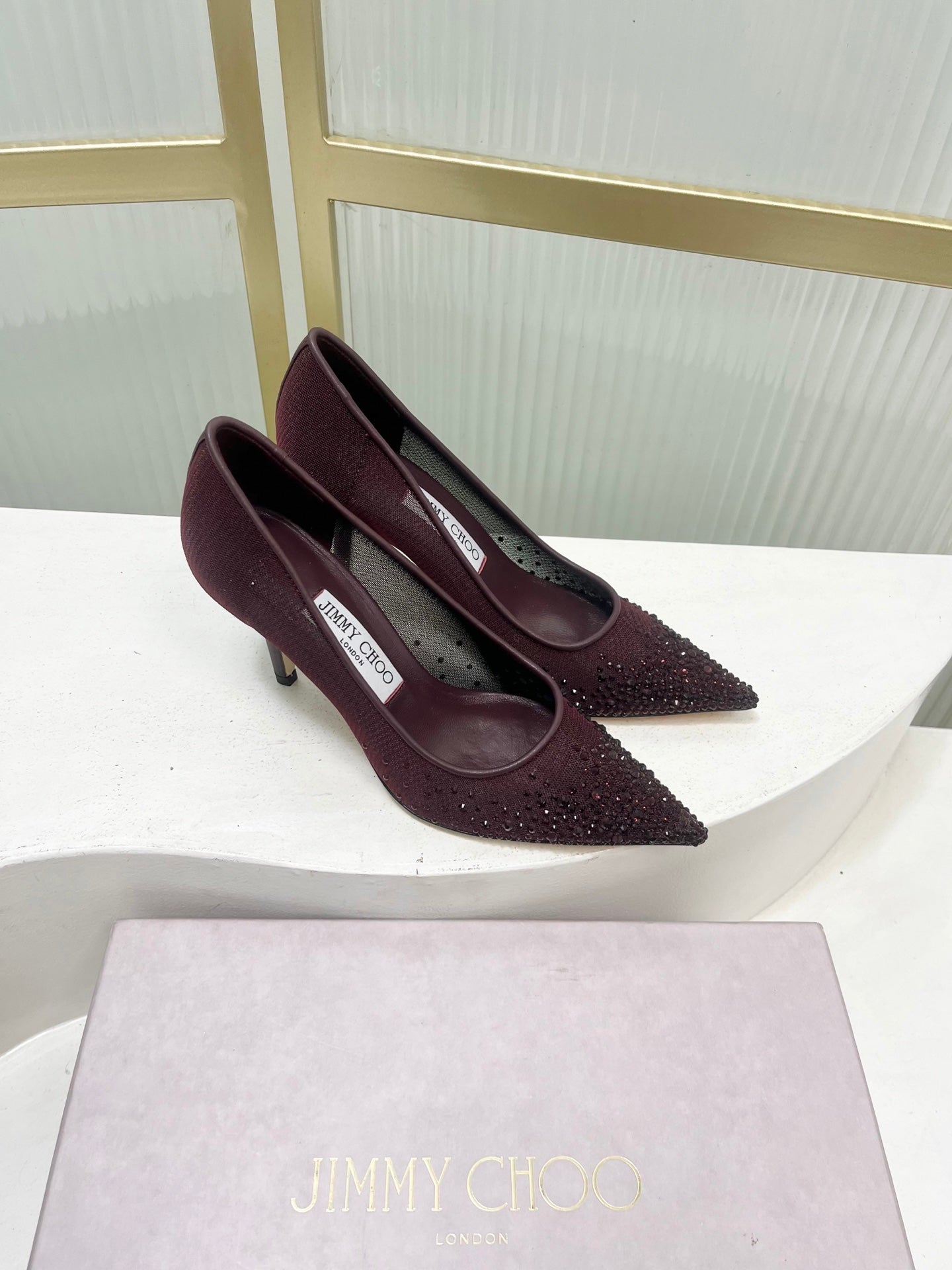 Jimmy 26s High Heels 85 Burgundy Rhinestones Mesh Sheepskin 605982