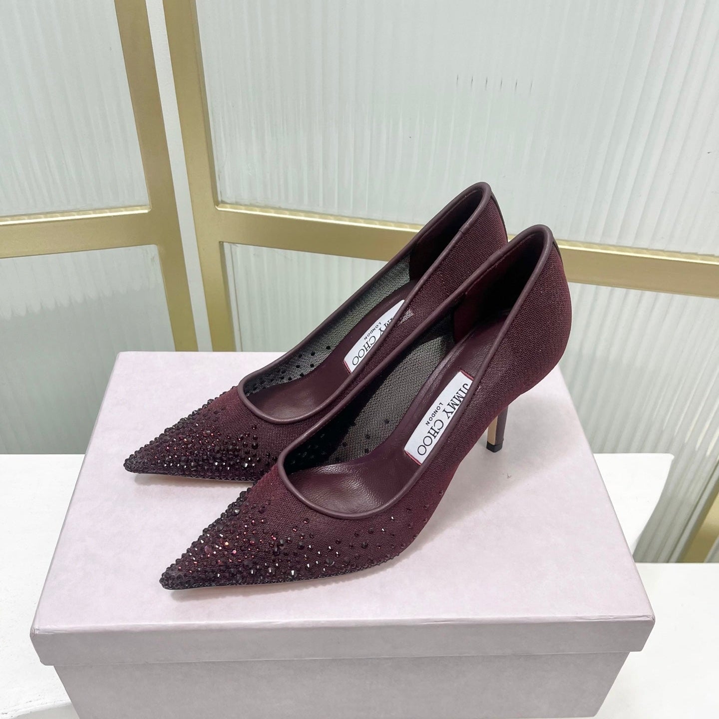 Jimmy 26s High Heels 85 Burgundy Rhinestones Mesh Sheepskin 605982