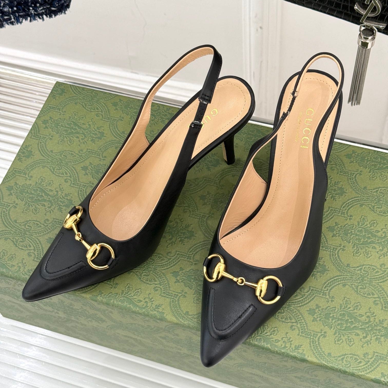 GG Horsebit Slingback 85MM Black Leather Point Toe