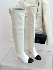 Chanel 25 Double C Giant Pearl Heel Long Boot White  Black Sheepskin 465412