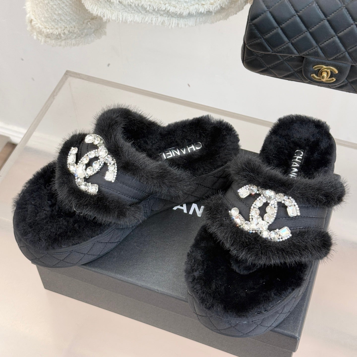 CC slipper double C rhinestone buckle black wool 512051