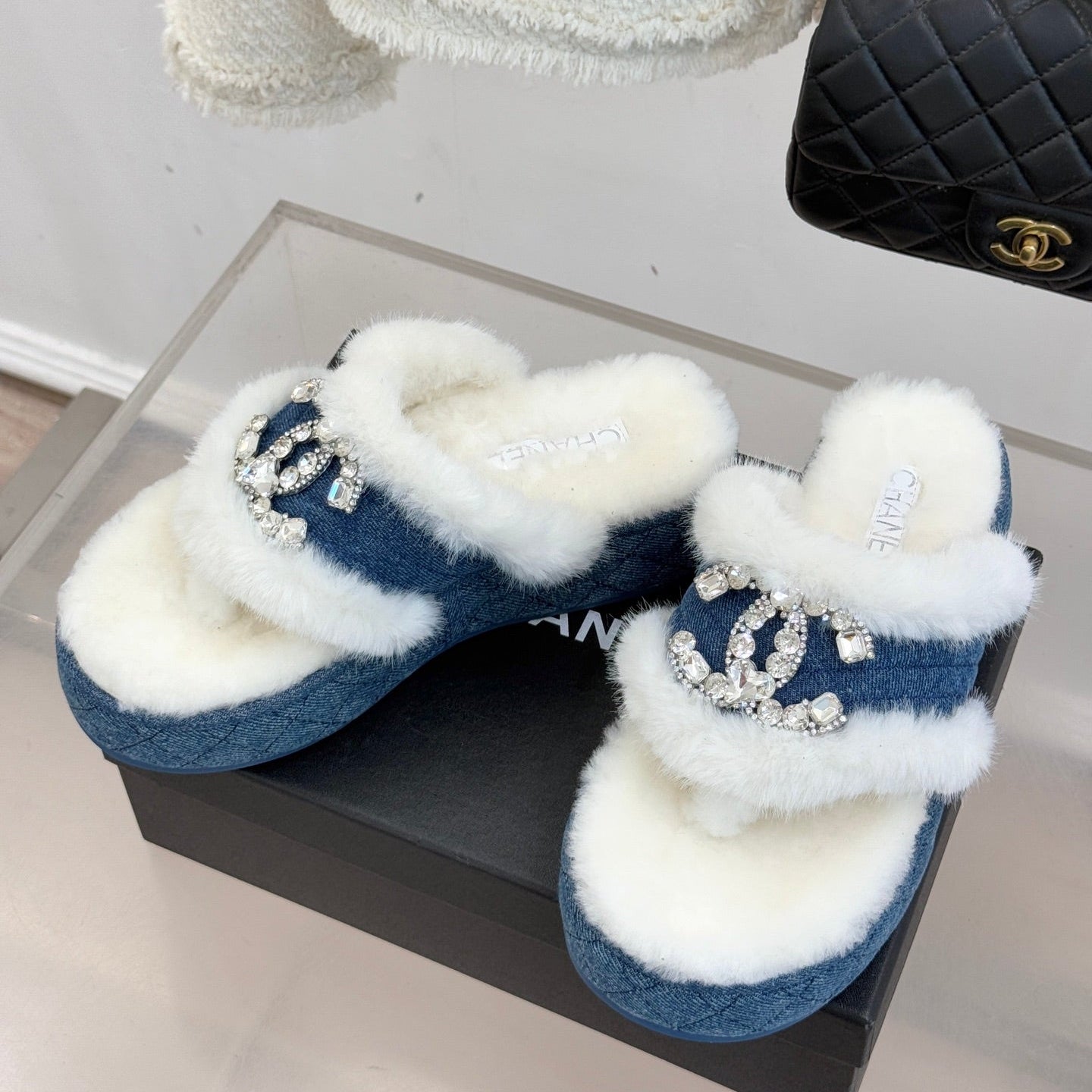 CC slipper double C rhinestone buckle white blue wool 512053