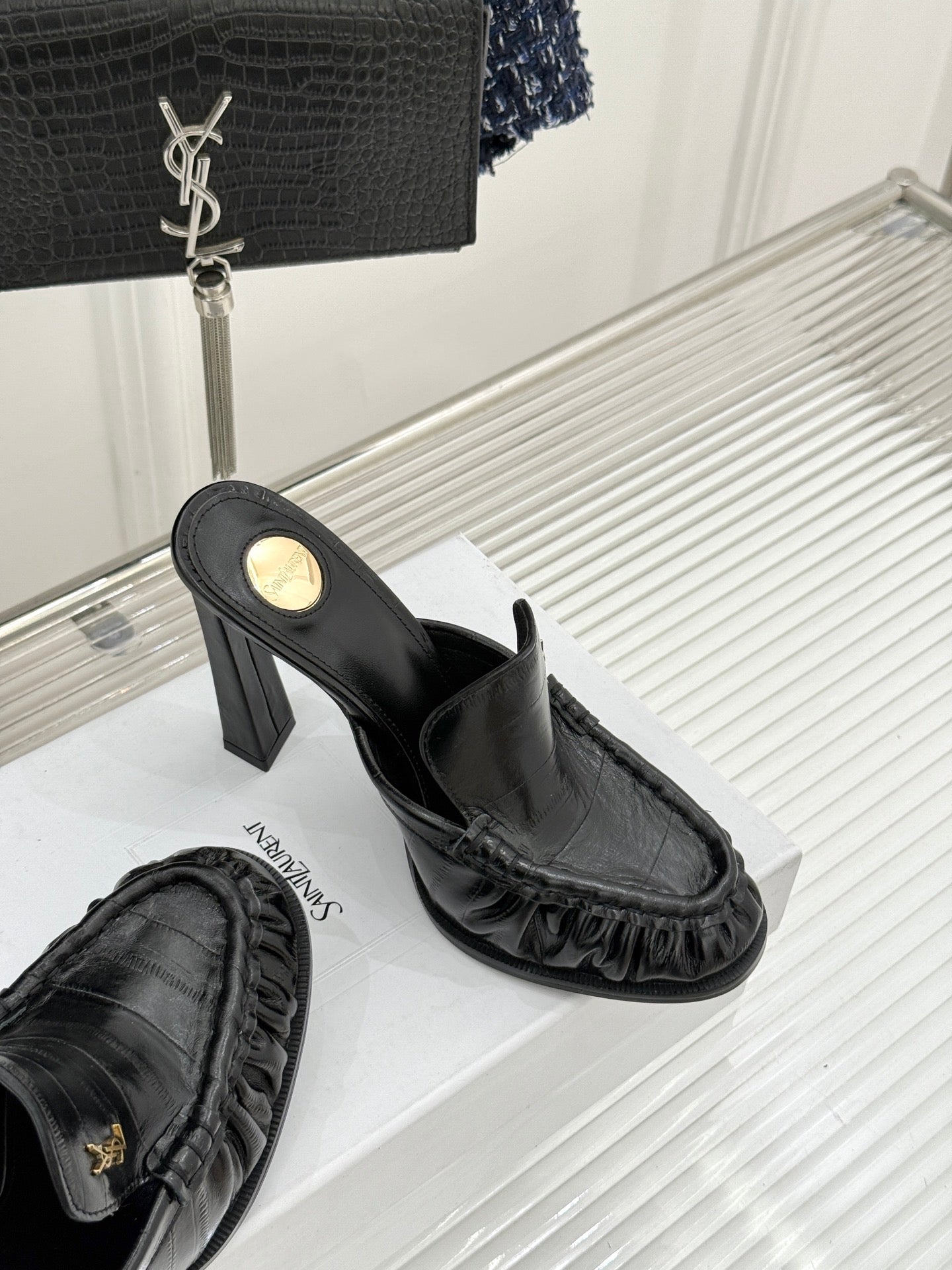 YSL 26ss High Heeled Open Back 105 Sandals Sheepskin