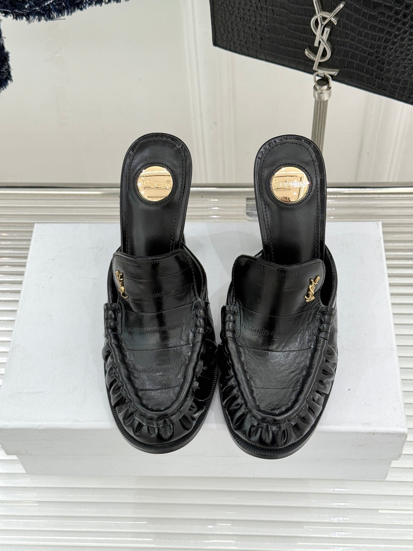 YSL 26ss High Heeled Open Back 105 Sandals Sheepskin
