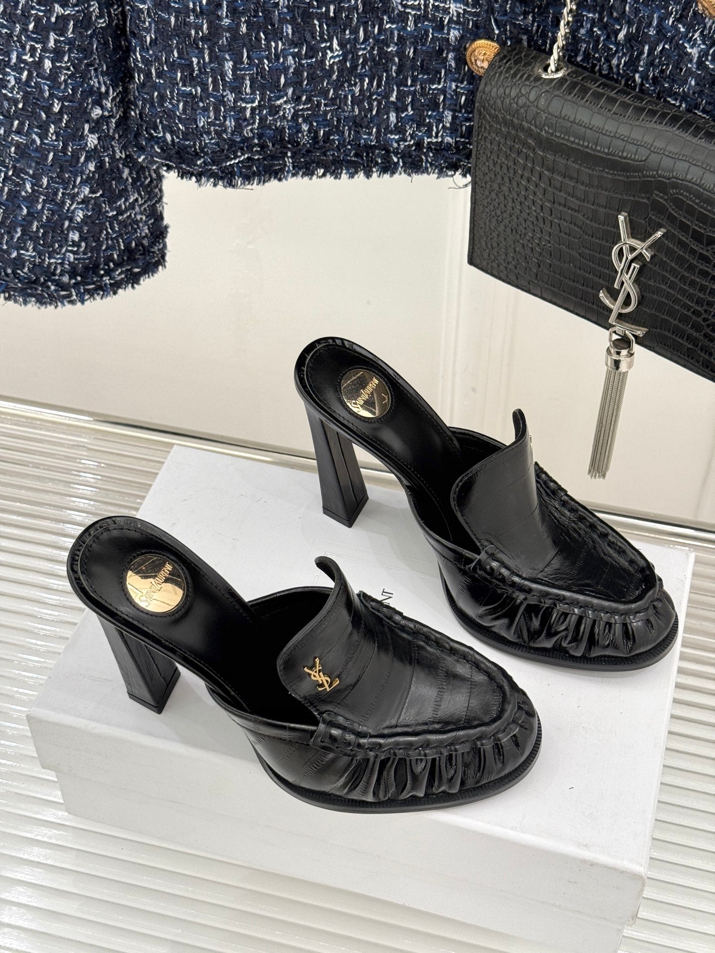 YSL 26ss High Heeled Open Back 105 Sandals Sheepskin
