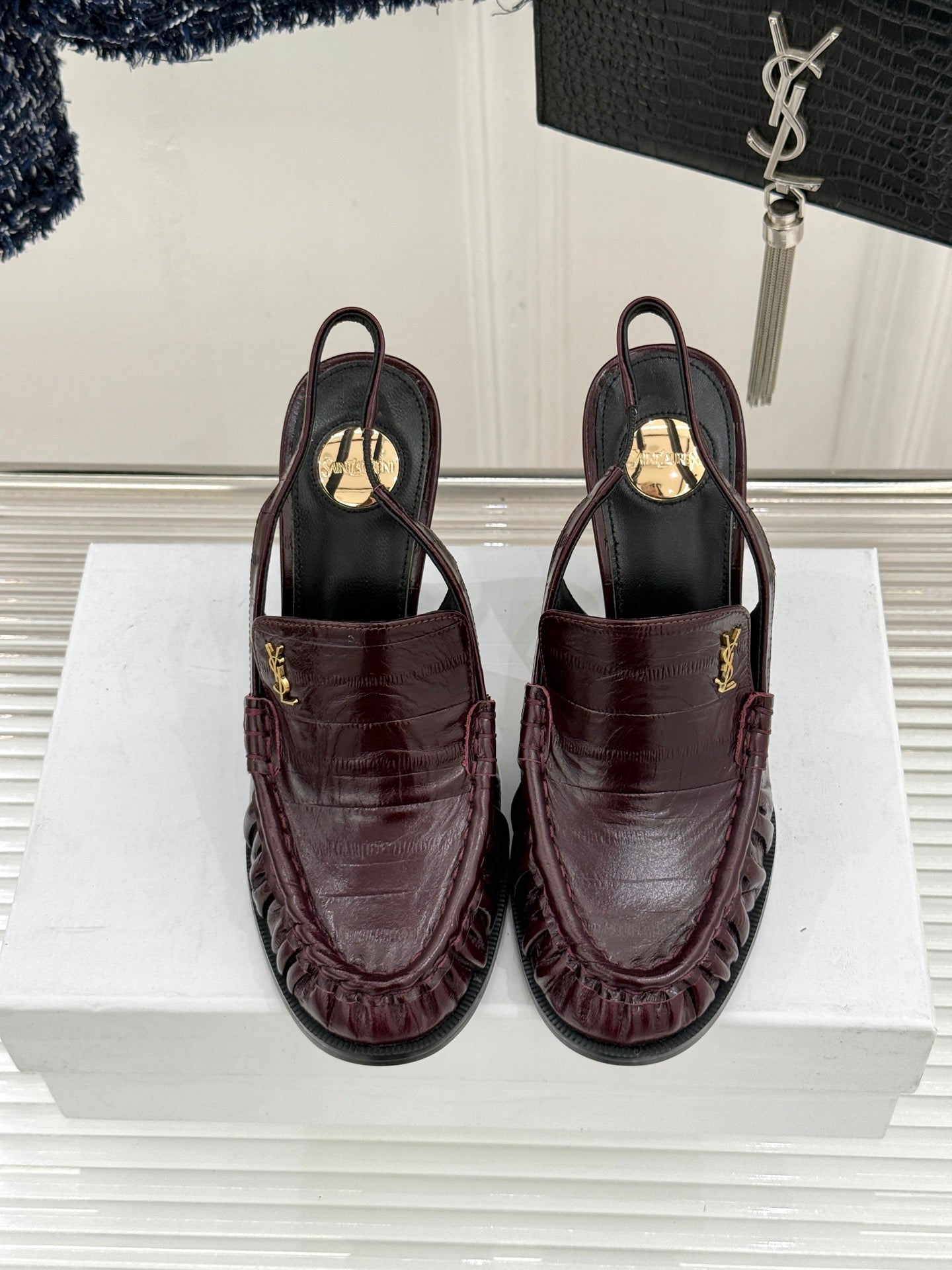 YSL 26ss High Heeled Open Back 105 Sandals Burgundy Sheepskin 651782