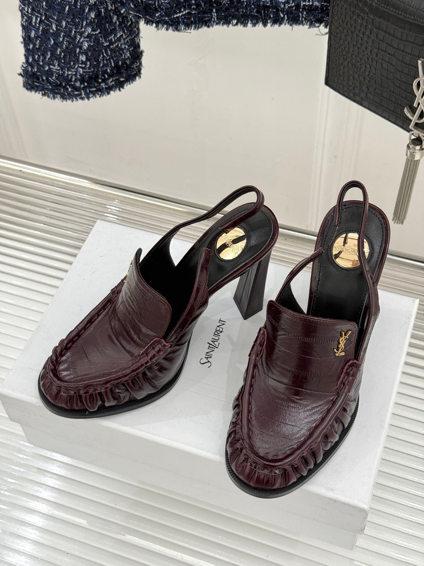 YSL 26ss High Heeled Open Back 105 Sandals Burgundy Sheepskin 651782