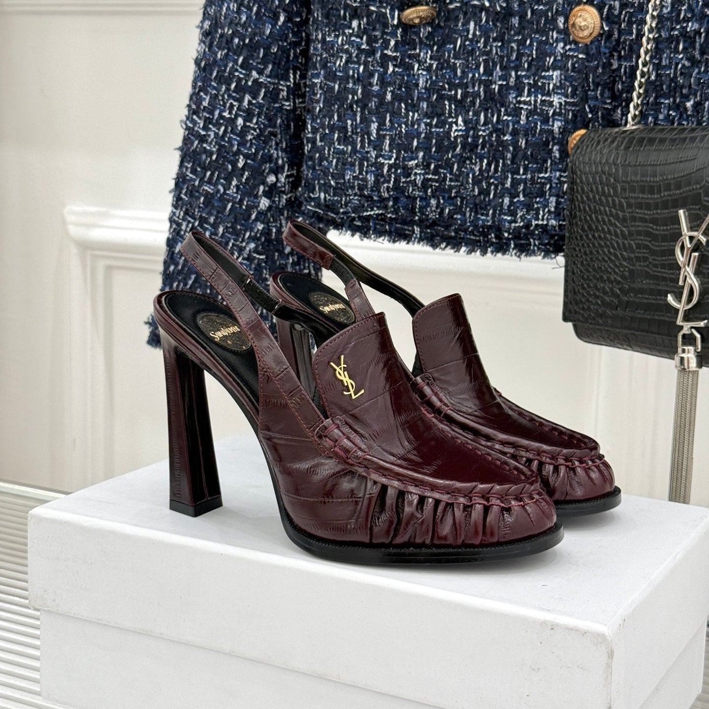 YSL 26ss High Heeled Open Back 105 Sandals Burgundy Sheepskin 651782