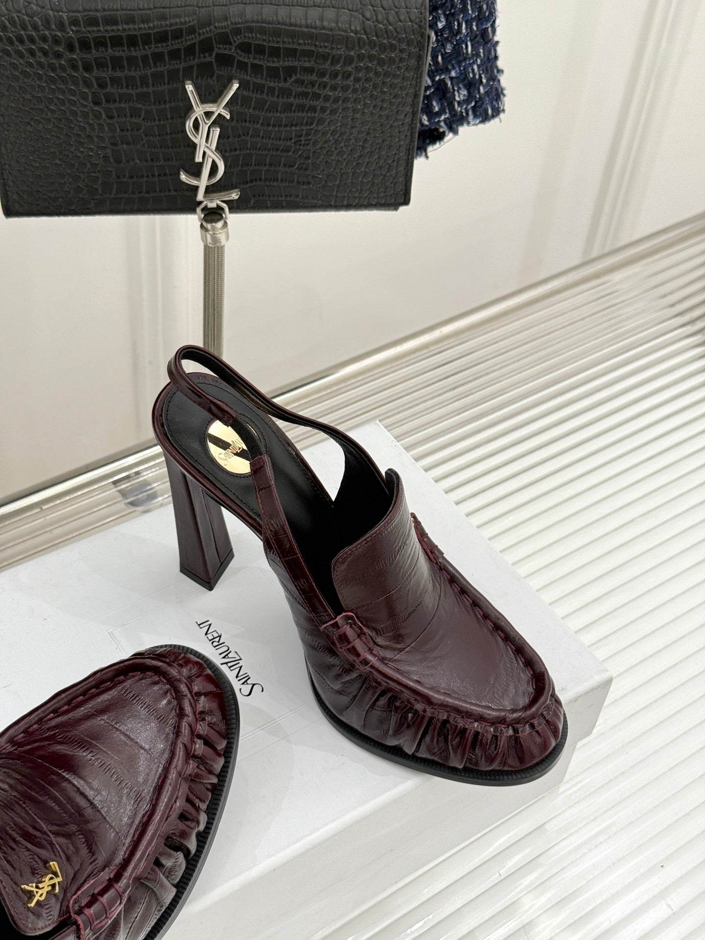 YSL 26ss High Heeled Open Back 105 Sandals Burgundy Sheepskin 651782