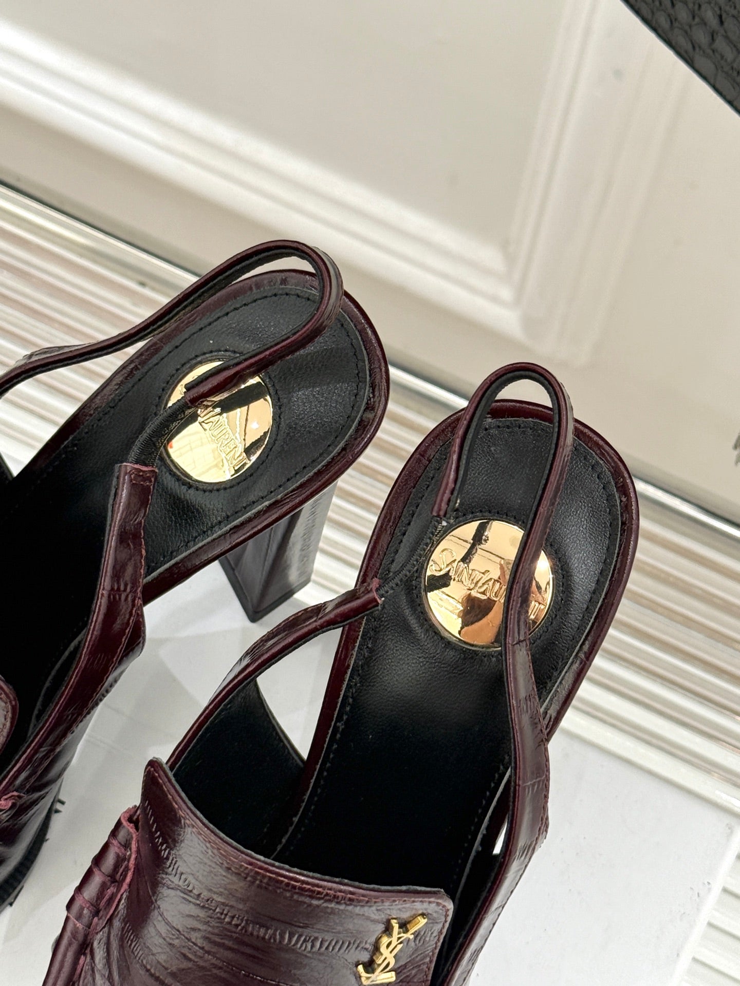YSL 26ss High Heeled Open Back 105 Sandals Burgundy Sheepskin 651782