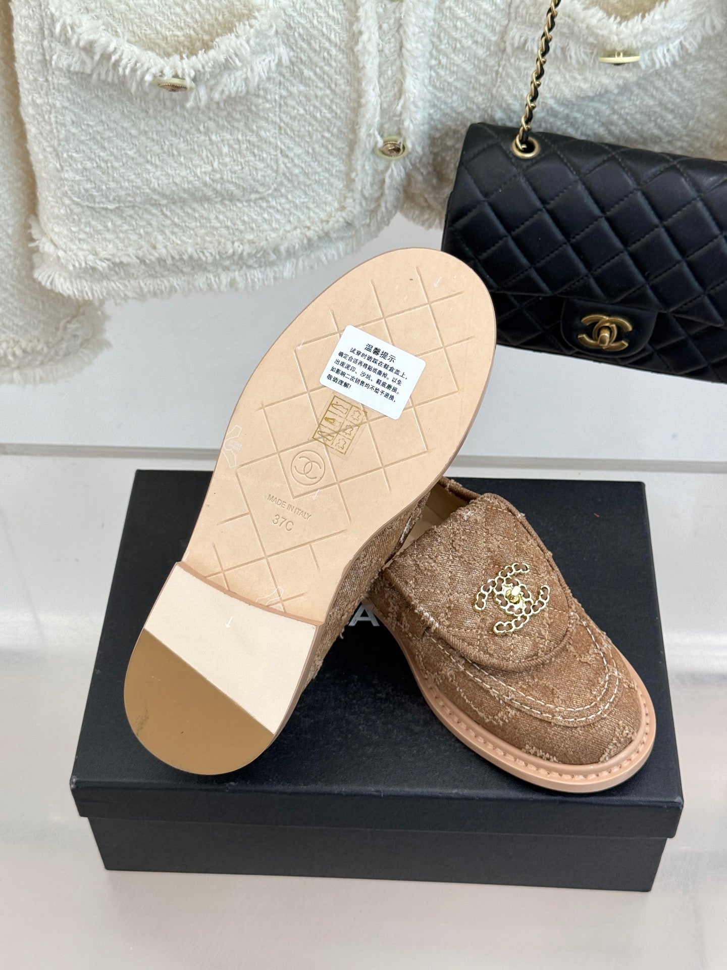 Chanel 2026 Double C High-Heeled Loafers Tweed Sheepskin 826098