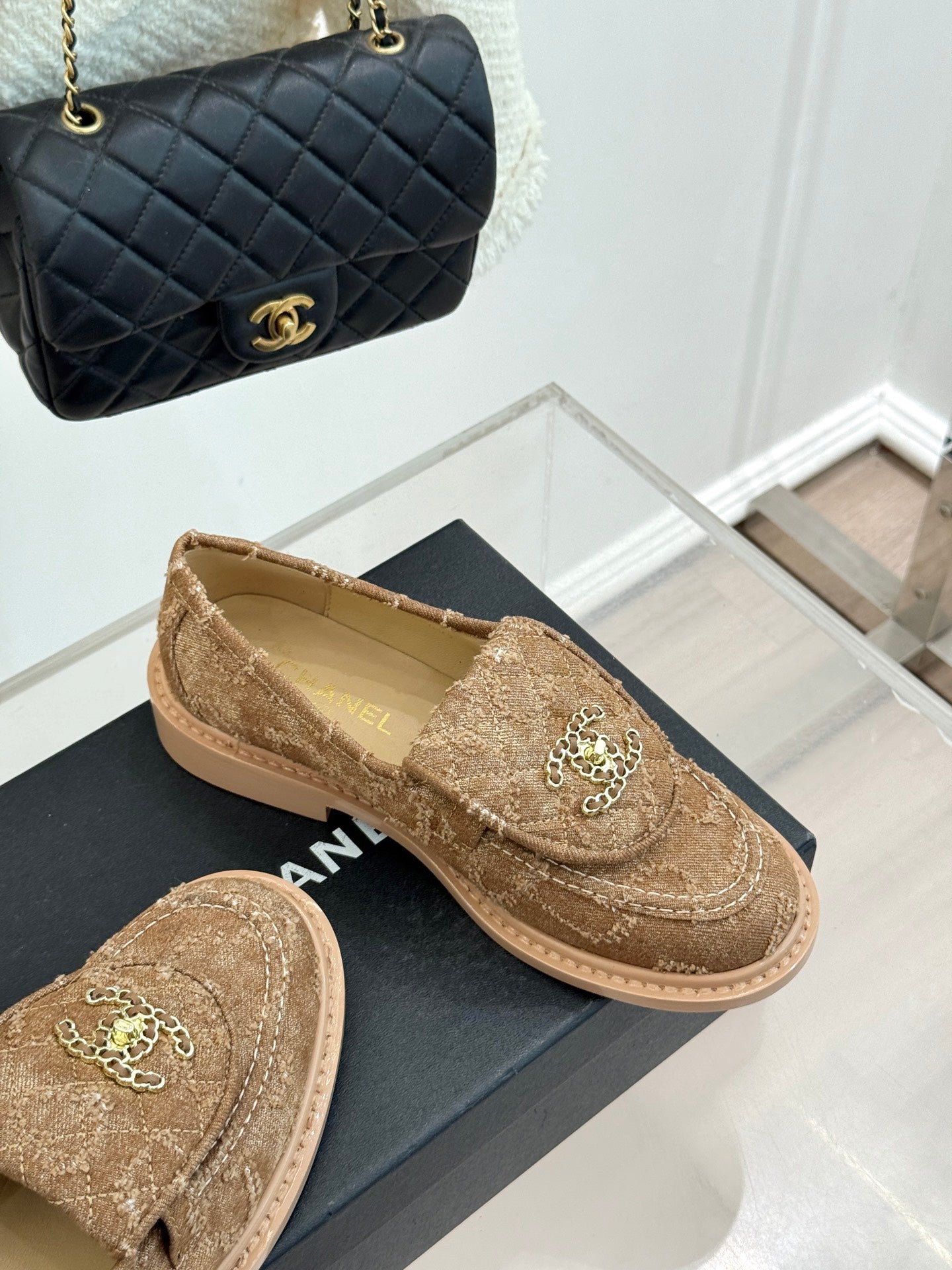 Chanel 2026 Double C High-Heeled Loafers Tweed Sheepskin 826098