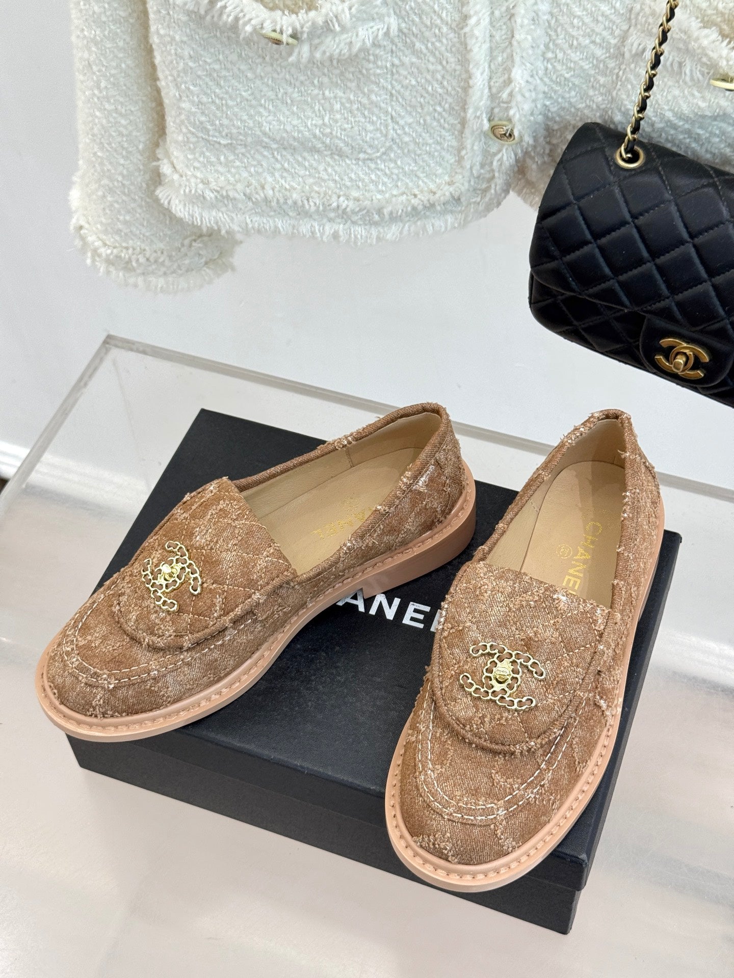 Chanel 2026 Double C High-Heeled Loafers Tweed Sheepskin 826098