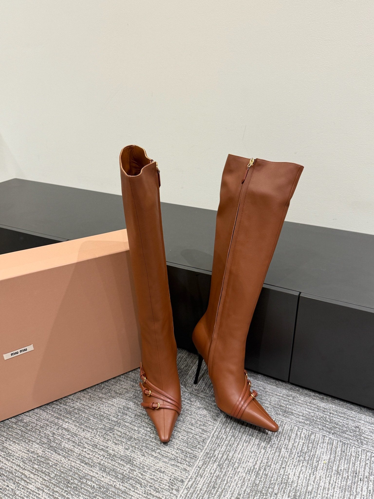 Miu 90 knee high boots brown cowhide