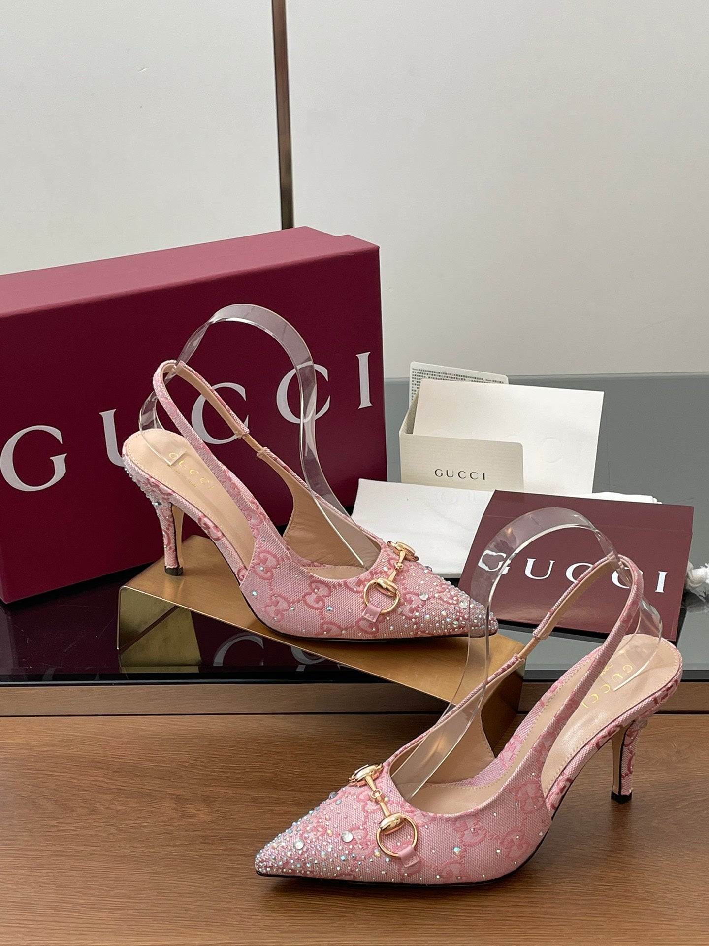 GG Horsebit Slingback 75mm Pink Ebony Monogram Canvas Point Toe Crystal-Embellished