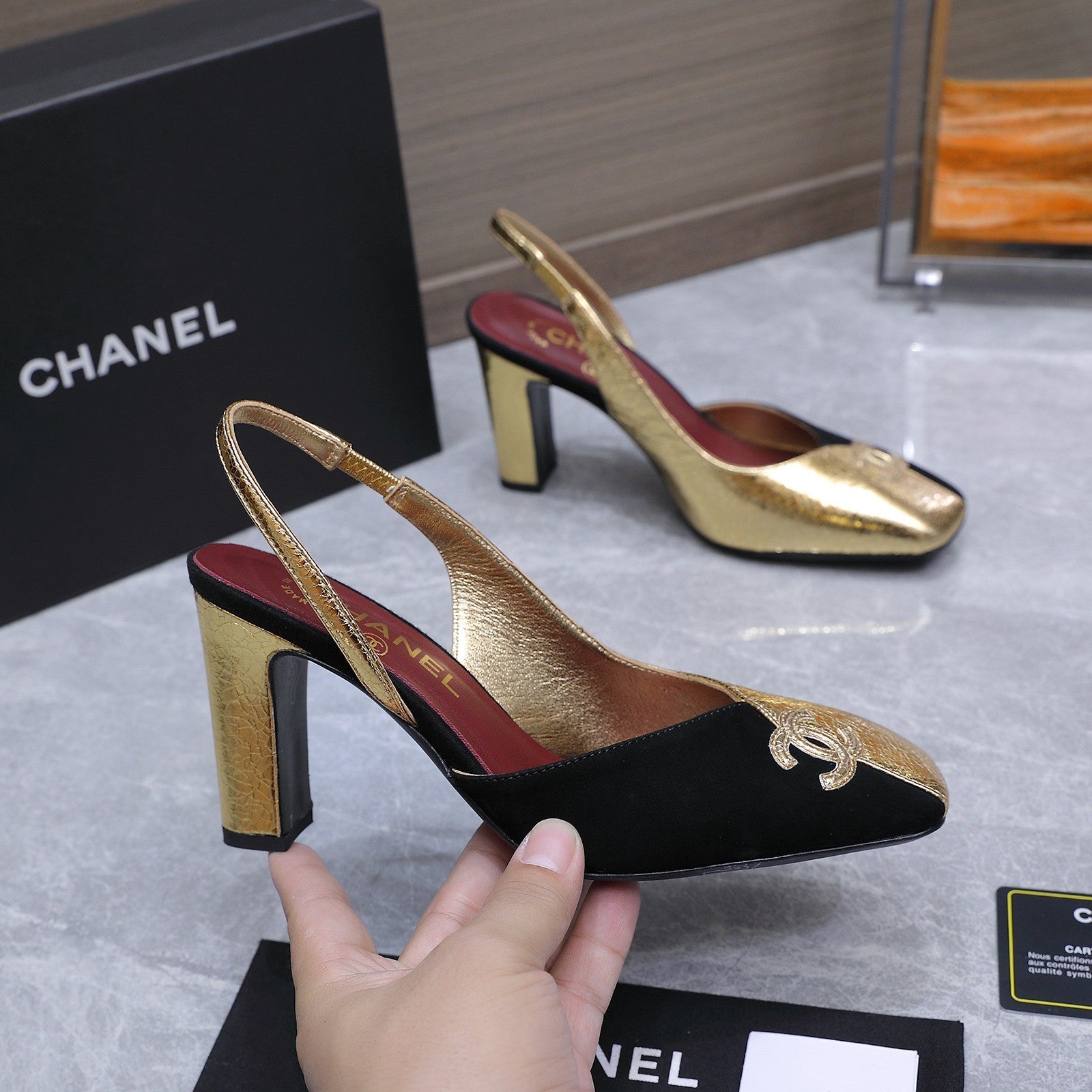 Chanel 2026 High-Heeled Slingback 85mm Black Gold Suede Leather 758409