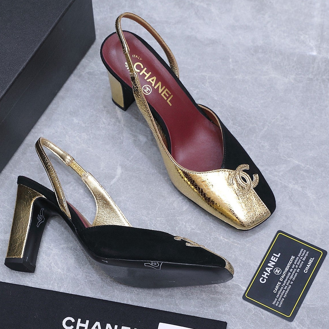 Chanel 2026 High-Heeled Slingback 85mm Black Gold Suede Leather 758409
