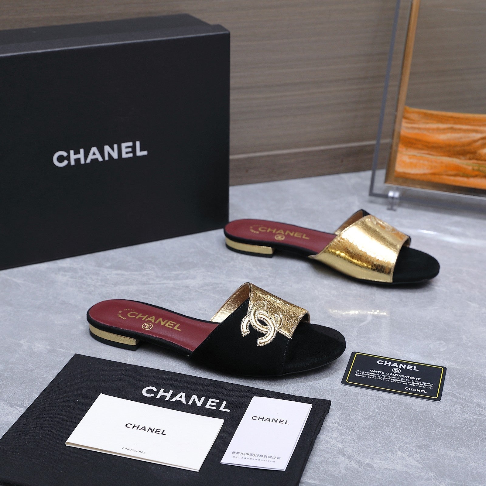 Chanel 2026 Sandals Black Gold Suede Leather 758413